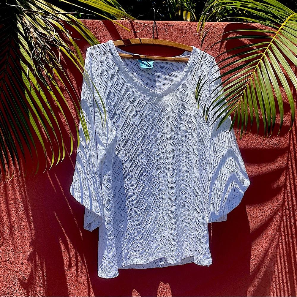 Iconic LETARTE diamond eyelet cover up tunic whote with metallic sheen